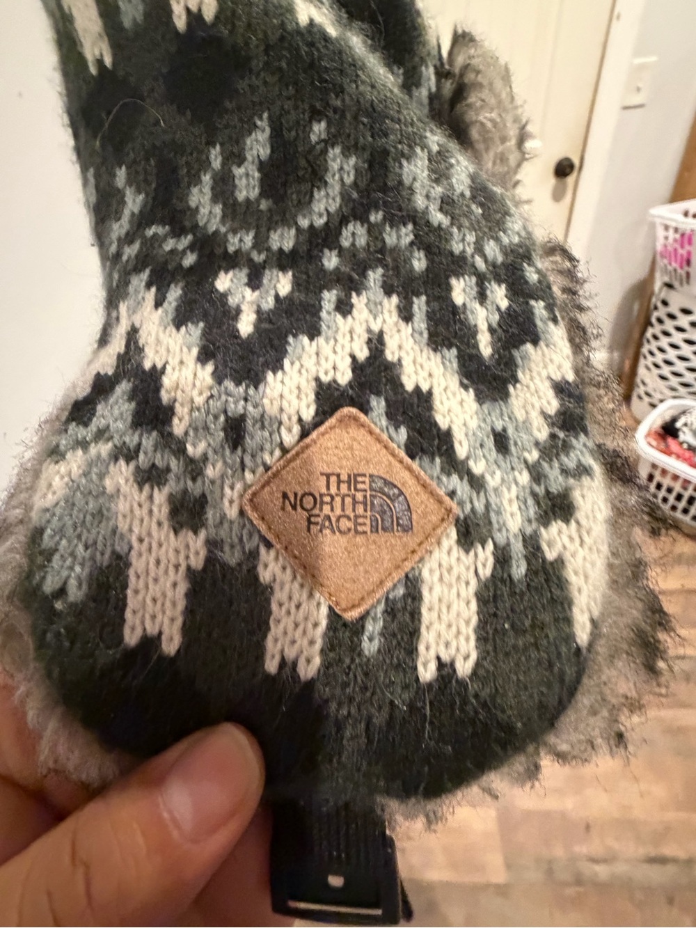The North Face Fair Isle Knit Earflap Hat in Olive and Cream